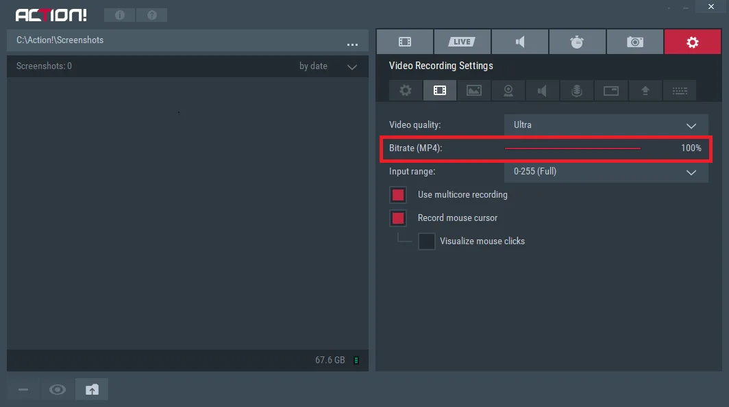 When recording in MP4 file format you may set up your bitrates. If you have good enough PC, you shouldn't have any problems maxing it out. Otherwise try lowering those settings until your FPS is at desirable level.