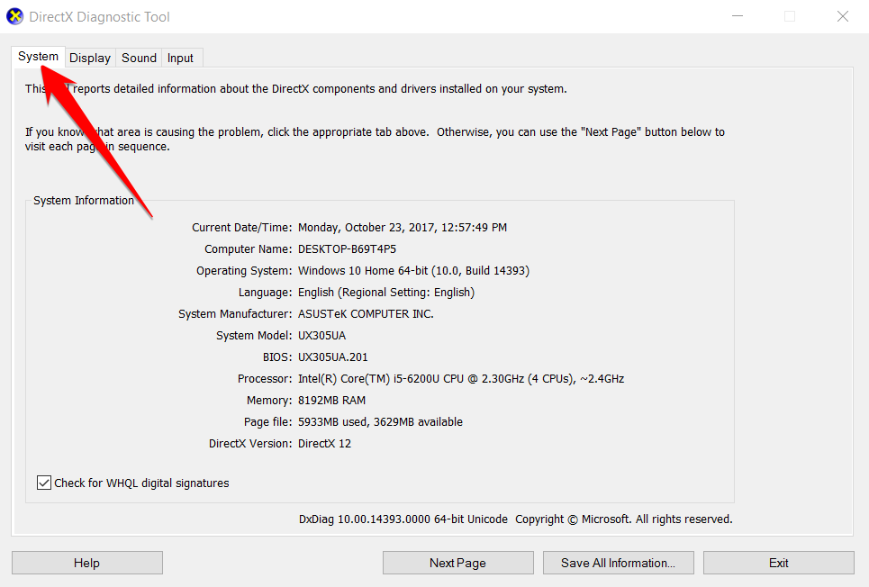 Dx diag report Windows 10