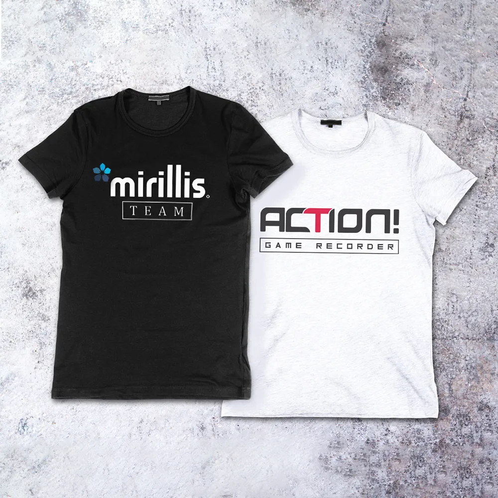Black T-shirt with Mirillis logo and a white shirt with Action logo
