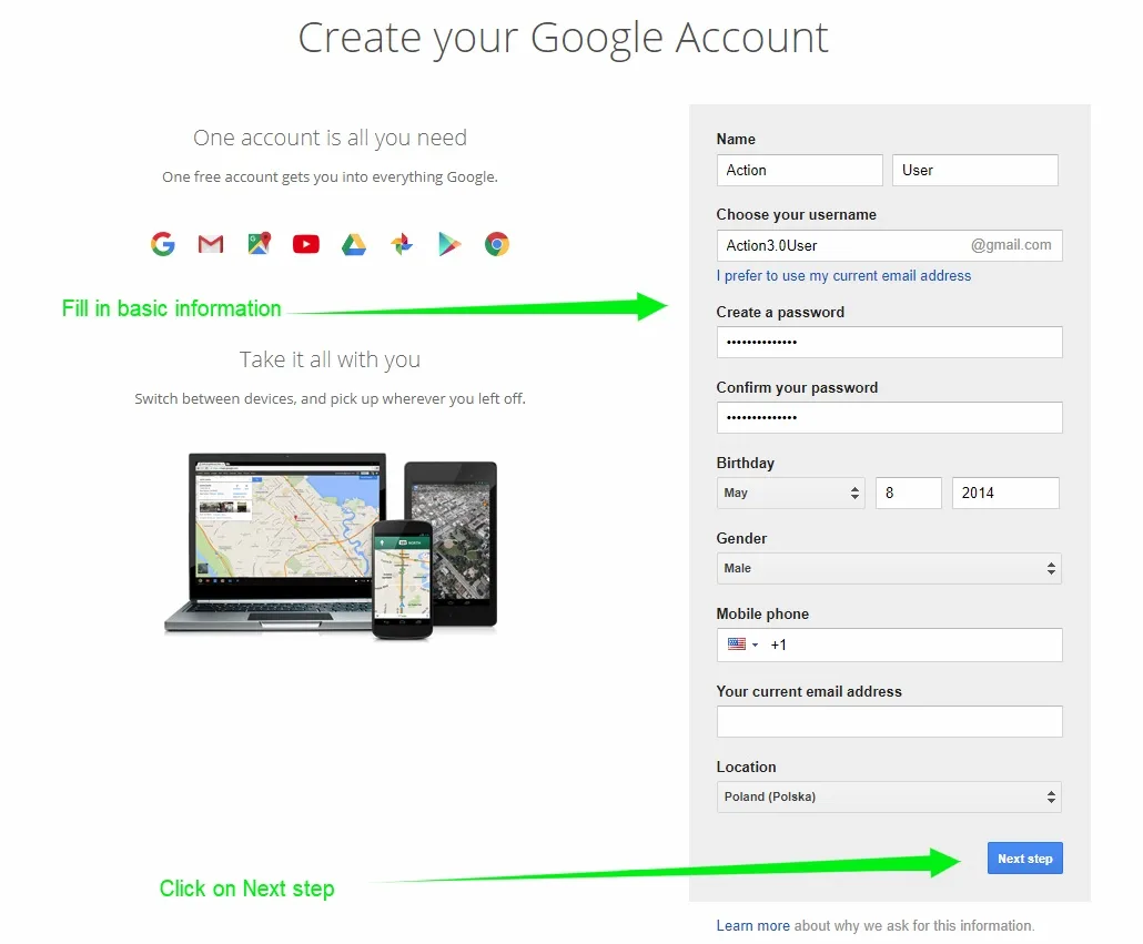 google user account panel