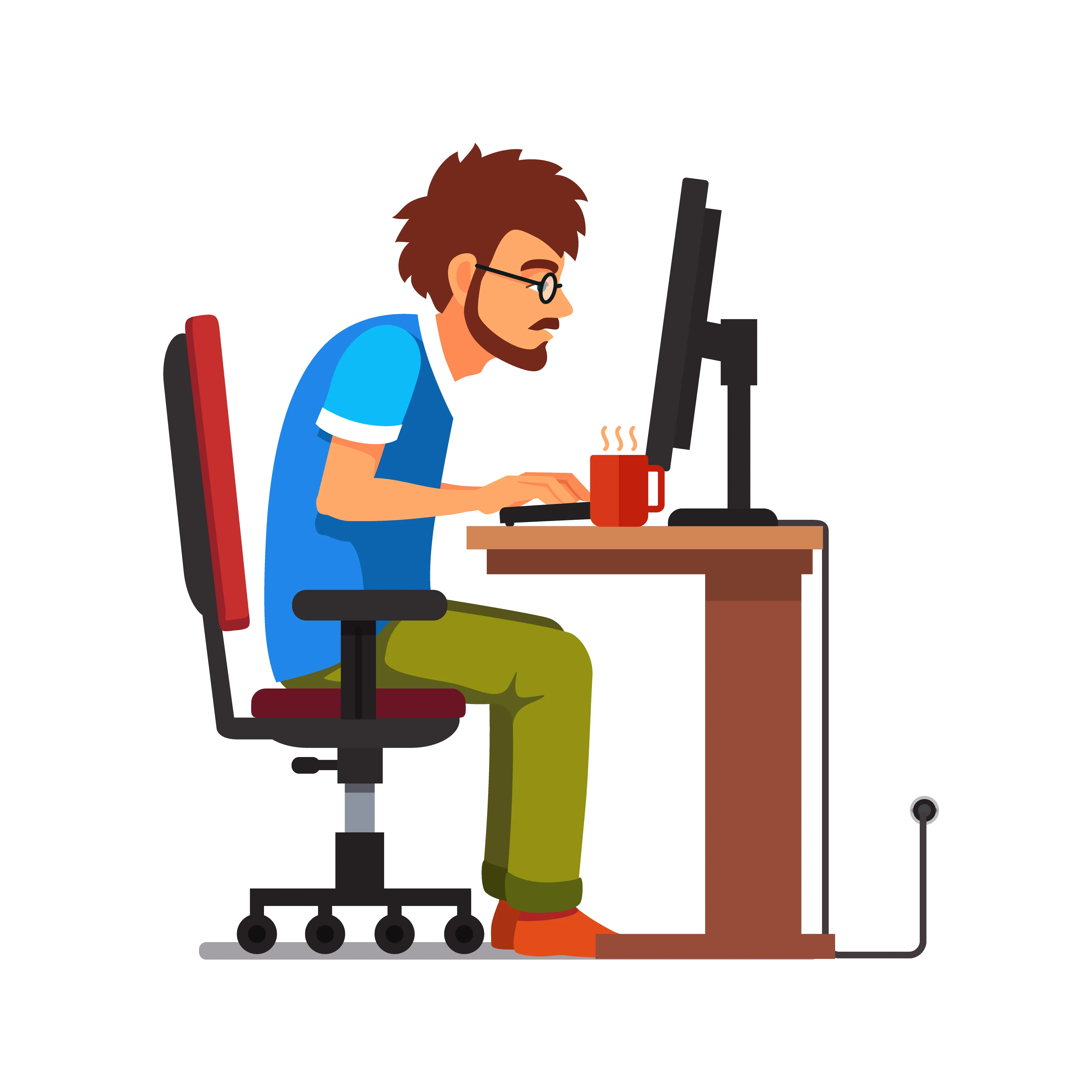 Cartoon style, Man sitting in front of a computer
