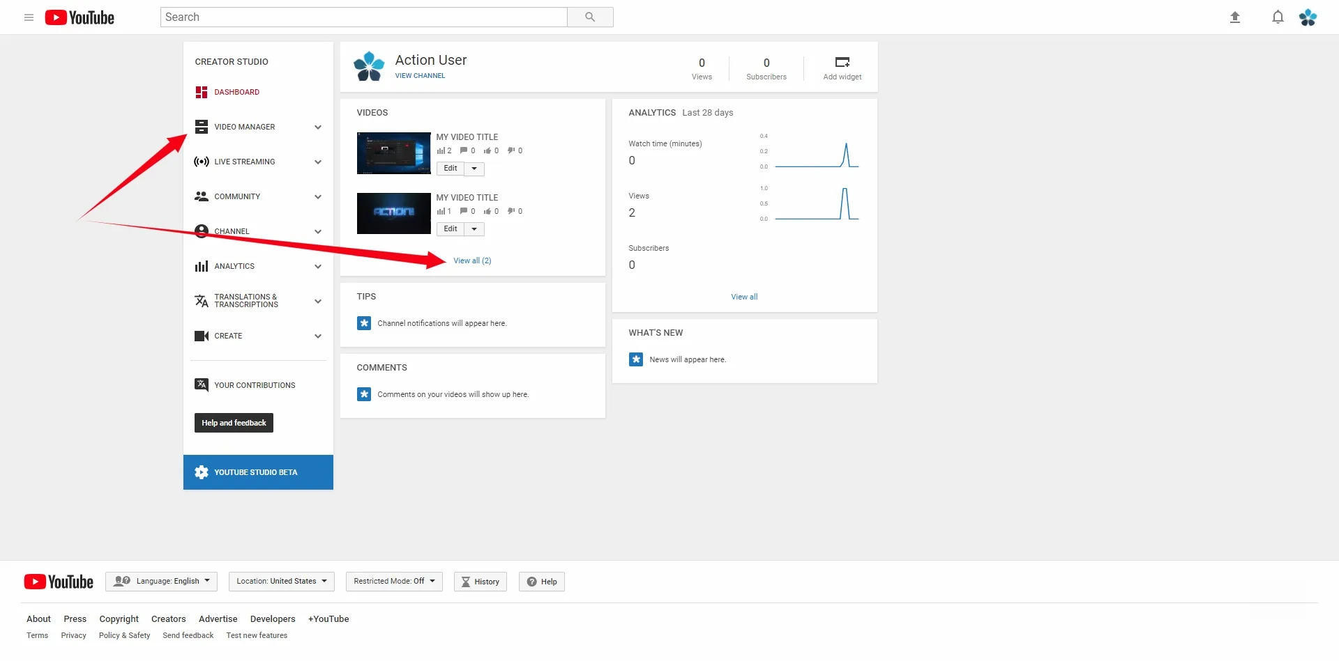 YouTube's Dashboard view
