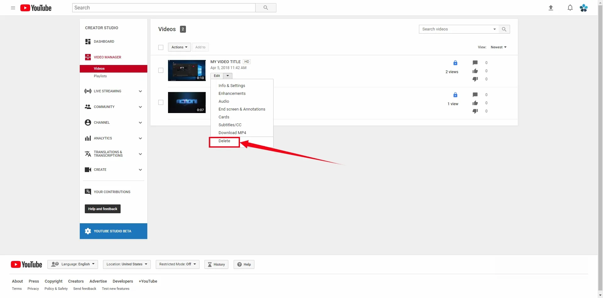 YouTube's video manager panel view