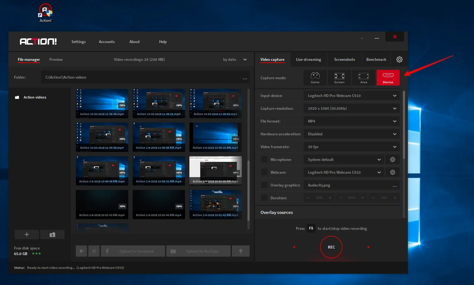 Action! screen recorder interface, device mode