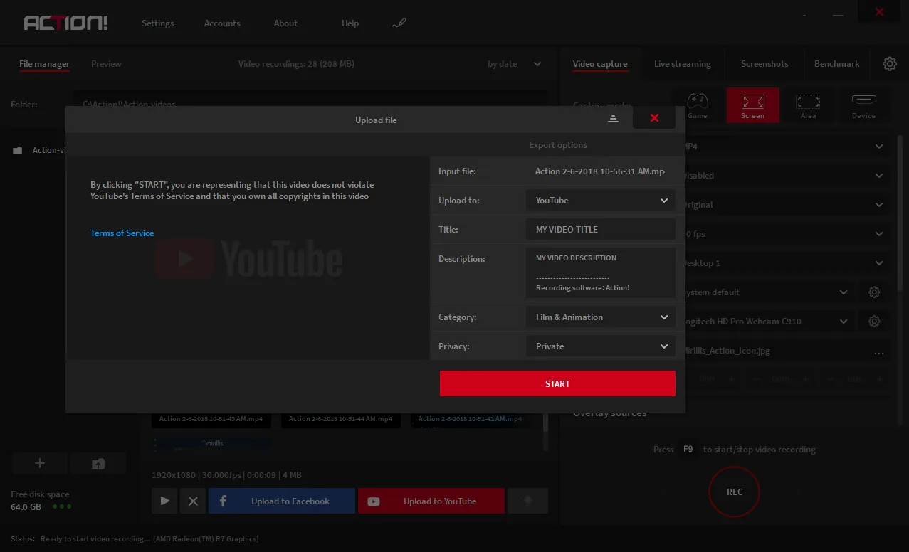 Action! screen recorder upload window