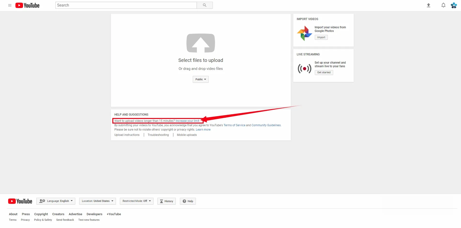 YouTube's video upload page