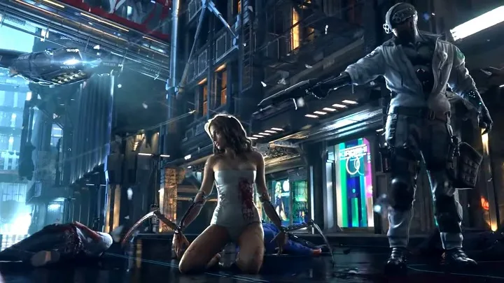 Sci-fi town, a beautiful cyborg-woman is kneeling unaware of a cyborg-man, that stands behind her and points a gun at her