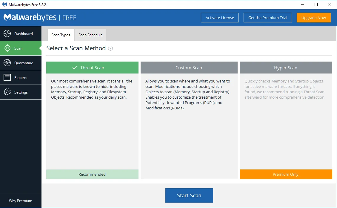 interface of Malwarebytes software