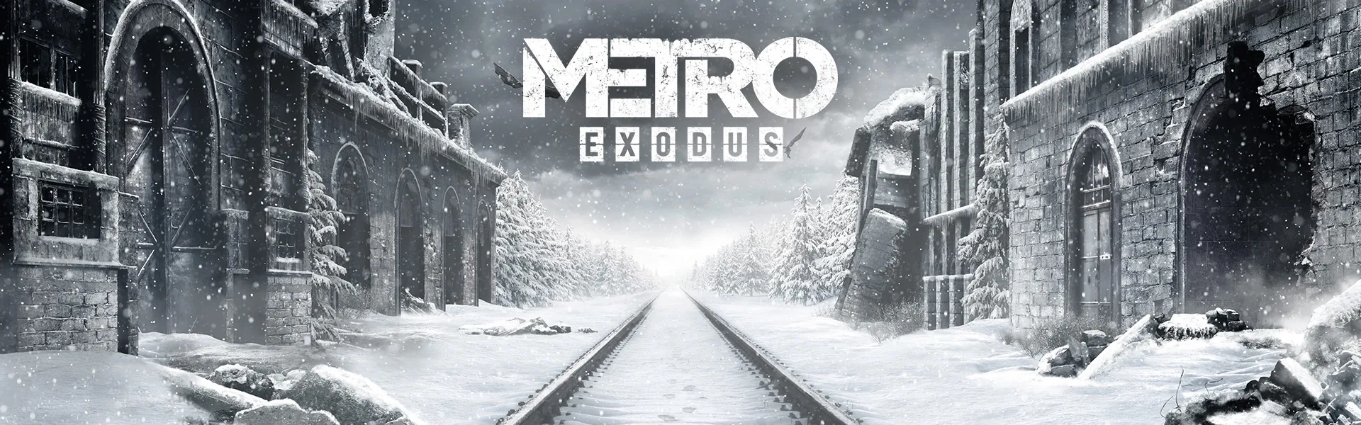 Metro exodus promotional image, a scenery of destroyed buildings during winter 