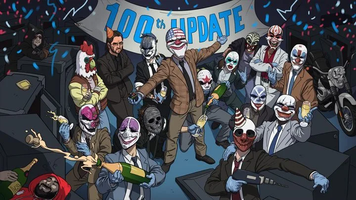 Cartoon style, bunch of people in clown masks celebrating and drinking champagne