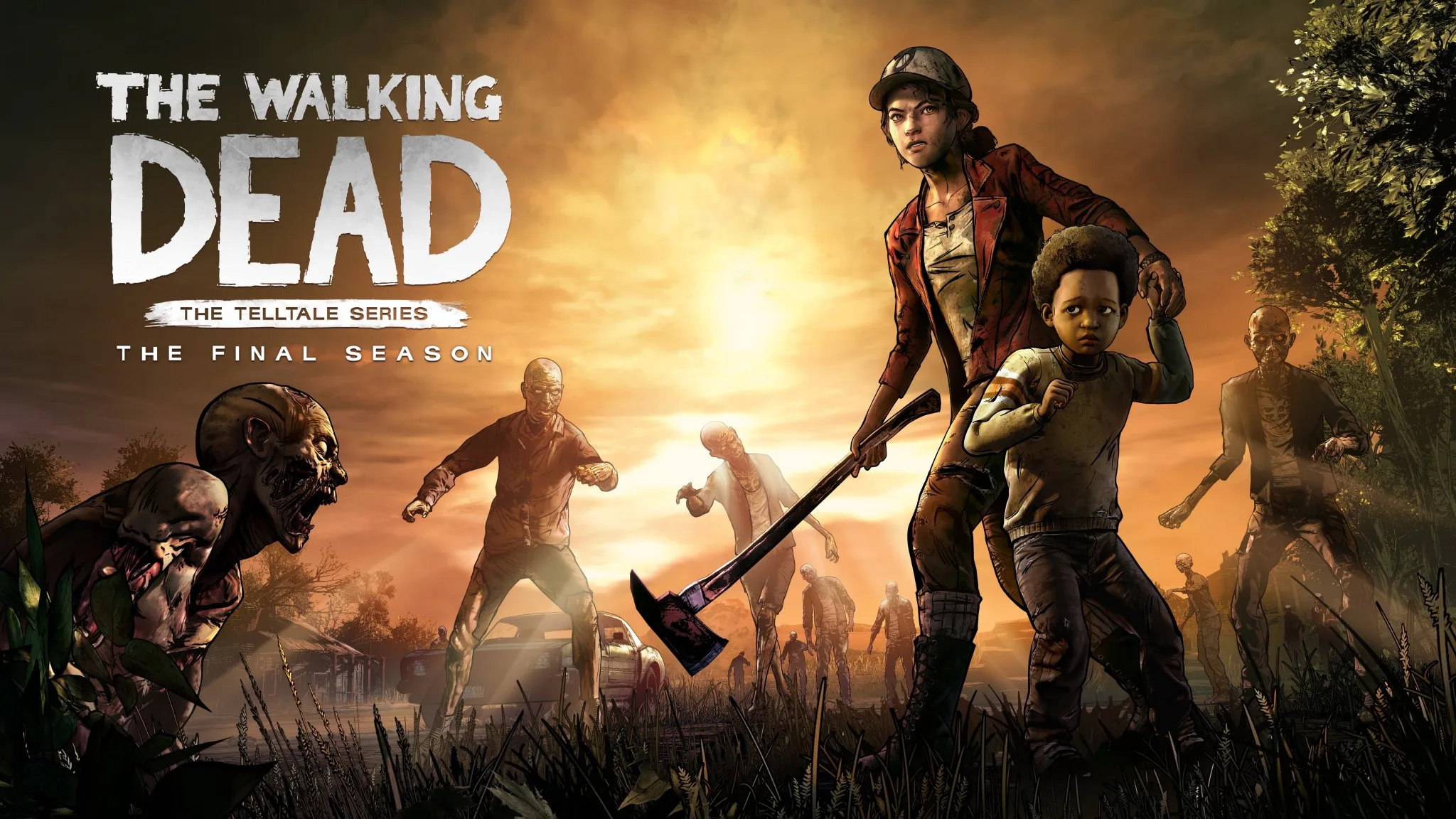 a girl holds an axe and protects a younger child against zombies