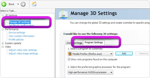 Mirillis Action! - NVIDIA Control Panel - Program Settings