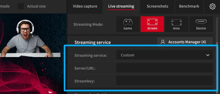 Mirillis Action! - Custom Streaming Service selected