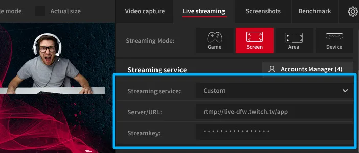 Mirillis Action! - RTMP URL for Twitch.tv