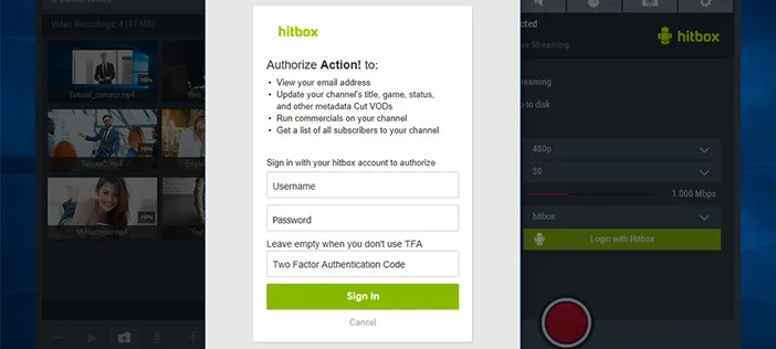 Mirillis Action! - Login with hitbox